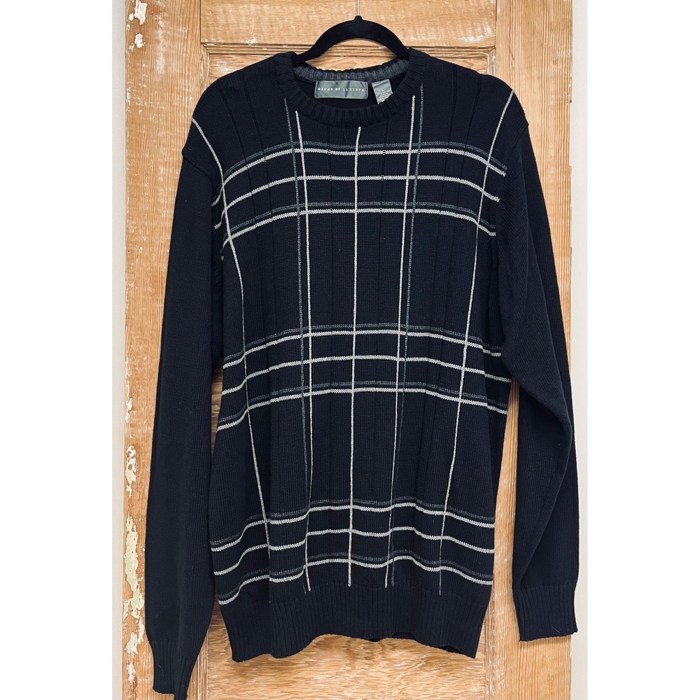 VTG Oscar de la Renta Mens L Plaid Crew Cotton Sweater Grandpa Old Money Layered